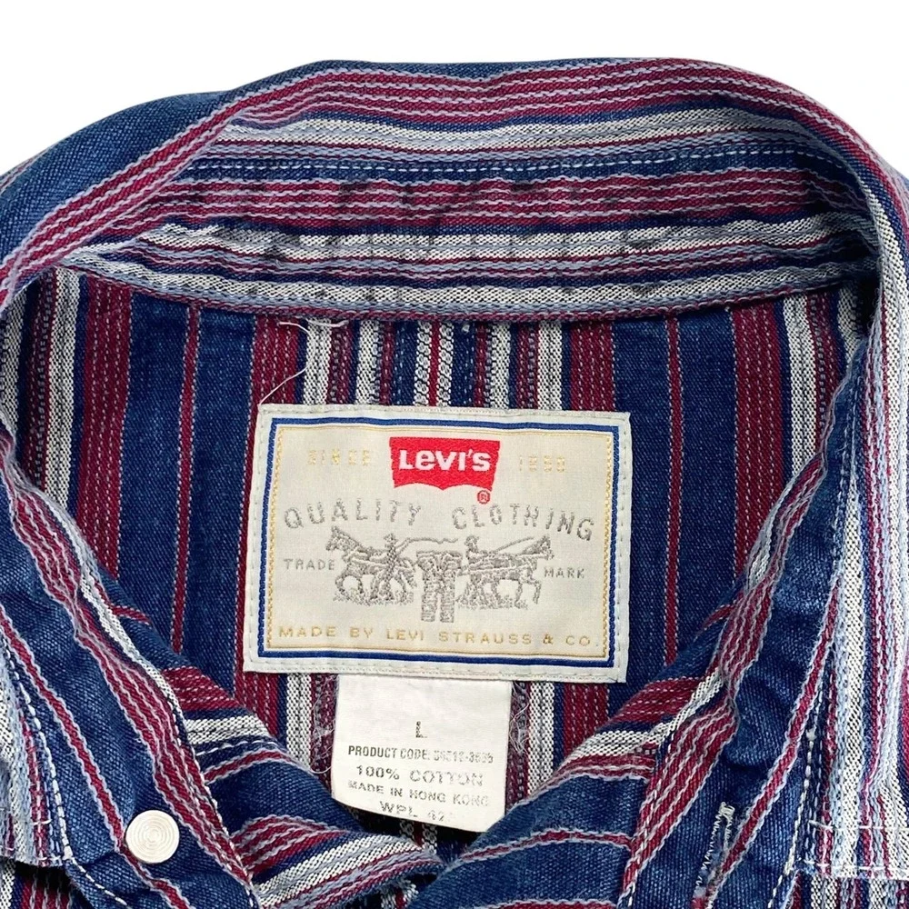 Levi's Western  Shirt Large LS Striped Blue Gray Red White